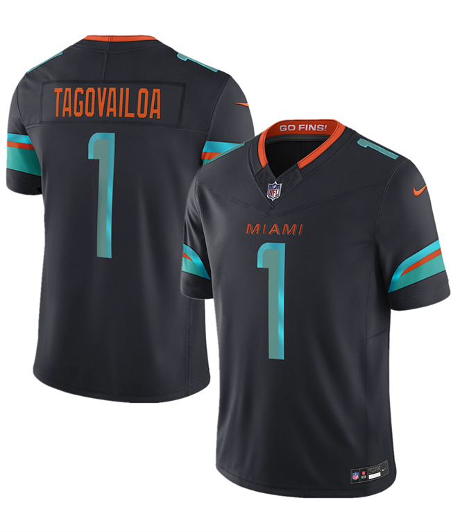 Men's Miami Dolphins #1 Tua Tagovailoa Black 2025 F.U.S.E. “Rivalries” Vapor Limited Stitched Football Jersey