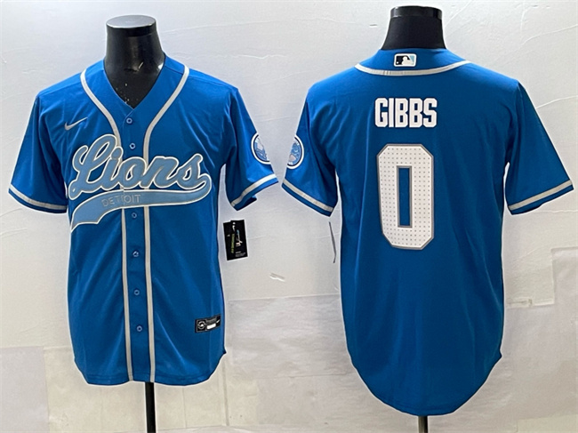 Men's Detroit Lions #0 Jahmyr Gibbs Blue Cool Base Stitched Baseball Jersey