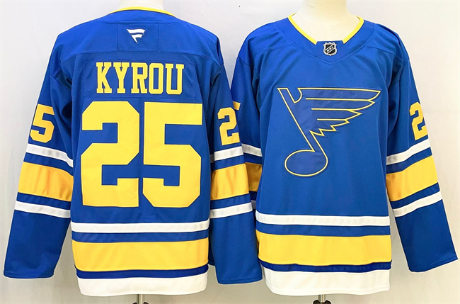 Men's St. Louis Blues #25 Jordan Kyrou Blue 2025 Stitched Hockey Jersey