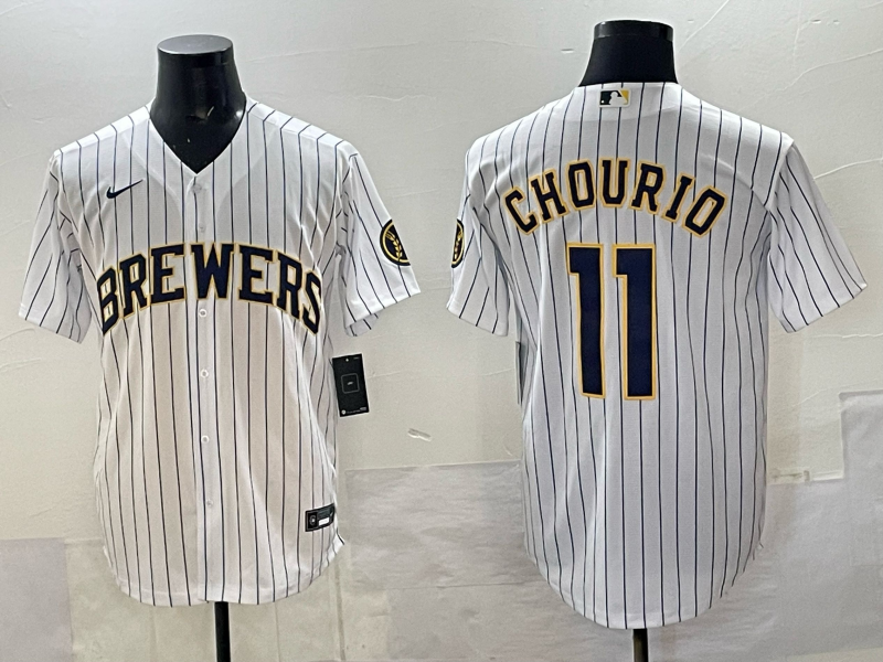 Men's Milwaukee Brewers #11 Jackson Chourio White Pinstripe 2025 With Patch Stitched Baseball Jersey