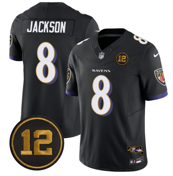 Men's Baltimore Ravens #8 Lamar Jackson Black 2025 F.U.S.E Jacoby Jones Patch Vapor Limited Football Jersey