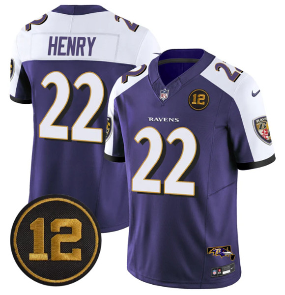 Men's Baltimore Ravens #22 Derrick Henry Purple Alternate 2025 F.U.S.E Jacoby Jones Patch Vapor Limited Football Jersey