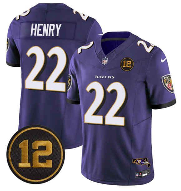 Men's Baltimore Ravens #22 Derrick Henry Purple 2025 F.U.S.E Jacoby Jones Patch Vapor Limited Football Jersey