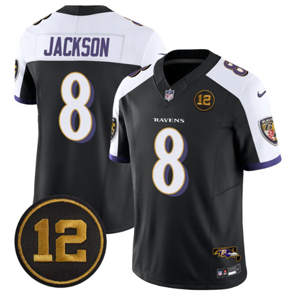 Men's Baltimore Ravens #8 Lamar Jackson Black Alternate 2025 F.U.S.E Jacoby Jones Patch Vapor Limited Football Jersey