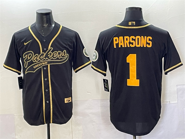 Men's Green Bay Packers #1 Micah Parsons Black Gold Cool Base Stitched Baseball Jersey