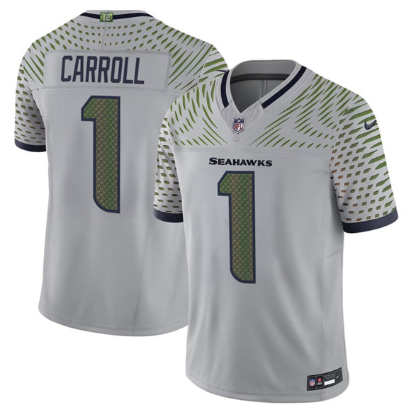Men's Seattle Seahawks #1 Pete Carroll Gray 2025 F.U.S.E. “Rivalries” Vapor Untouchable Limited Football Stitched Jersey