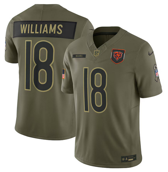 Men's Chicago Bears #18 Caleb Williams Olive 2025 Salute to Service Limited Football Stitched Jersey