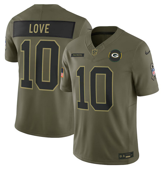 Men's Green Bay Packers #10 Jordan Love Olive 2025 Salute to Service Limited Football Stitched Jersey