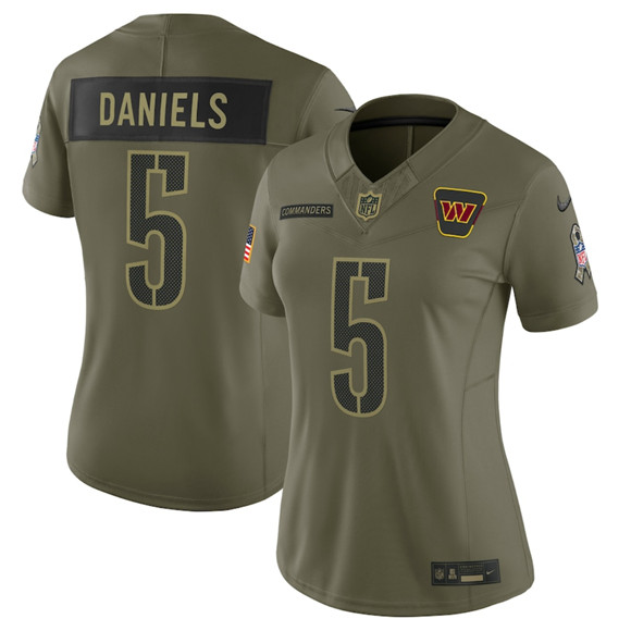Women's Washington Commanders #5 Jayden Daniels Olive 2025 Salute to Service Limited Stitched Jersey(Run Small)