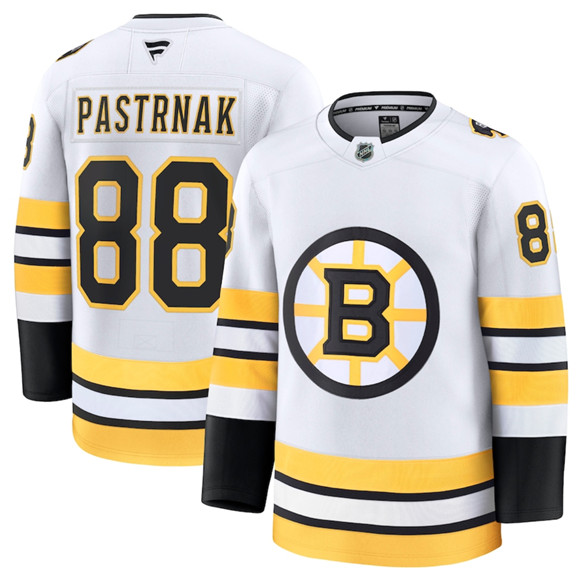 Men's Boston Bruins #88 David Pastrnak White 2025 Away Stitched Hockey Jersey