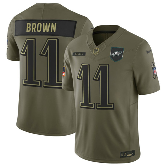 Men's Philadelphia Eagles #11 A.J. Brown Olive 2025 Salute to Service Limited Football Stitched Jersey