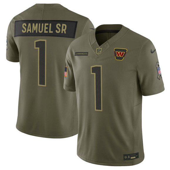 Men's Washington Commanders #1 Deebo Samuel Sr. Olive 2025 Salute to Service Limited Football Stitched Jersey