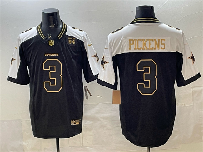 Men's Dallas Cowboys #3 George pickens Black Gold 2025 F.U.S.E. 94 Marshawn Kneeland Memorial Patch Vapor Limited Stitched Football Jersey