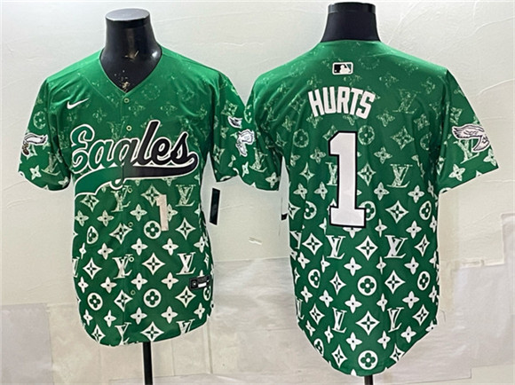 Men's Philadelphia Eagles #1 Jalen Hurts Green With Patch Limited Stitched Baseball Jersey