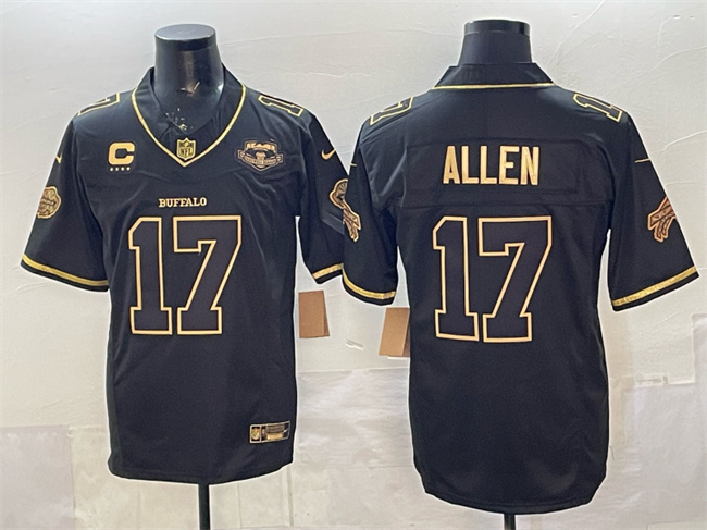 Men's Buffalo Bills #17 Josh Allen Black Gold 2025 F.U.S.E. “Rivalries” With Farewell Patch & 4-Star C Patch Vapor Limited Football Stitched Jersey
