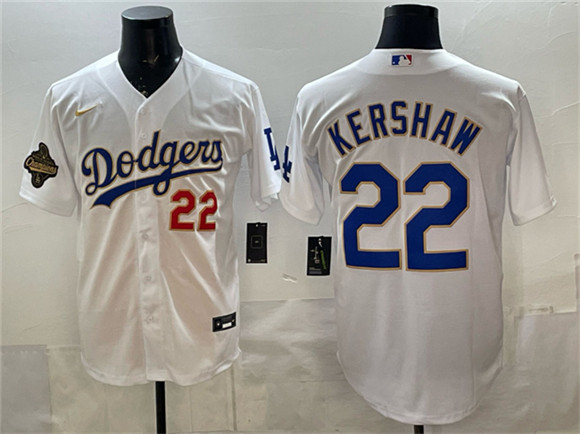 Men's Los Angeles Dodgers #22 Clayton Kershaw White 2025 World Series Champions Patch Stitched Baseball Jersey