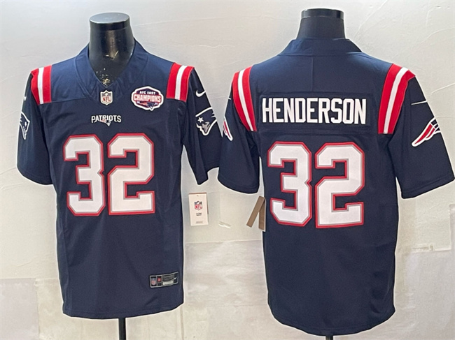 Men's New England Patriots #32 TreVeyon Henderson Navy F.U.S.E. 2025 AFC East Championship Patch Vapor Limited Stitched Football Jersey
