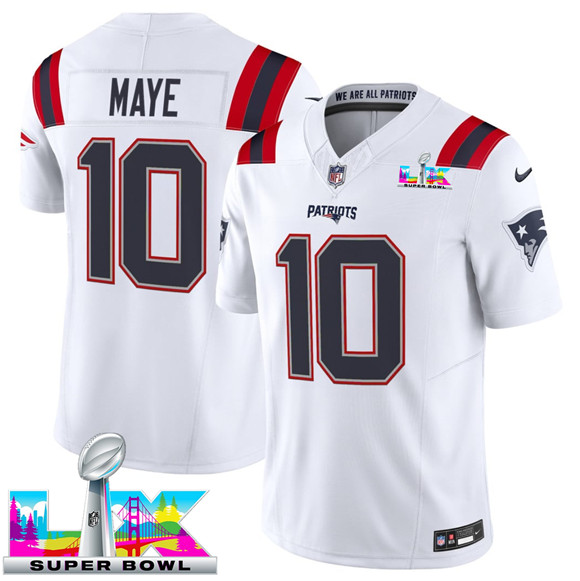 Men's New England Patriots #10 Drake Maye White 2025 F.U.S.E. Super Bowl LX Patch Vapor Limited Football Stitched Jersey