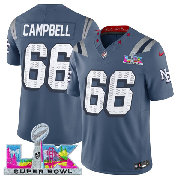 Men's New England Patriots #66 Will Campbell Storm Blue 2025 F.U.S.E. Super Bowl LX Patch “Rivalries” Vapor Limited Football Stitched Jersey