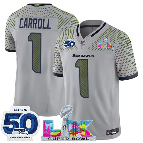 Men's Seattle Seahawks #1 Pete Carroll Gray 2025 F.U.S.E. Super Bowl LX Patch And 50th Season Patch “Rivalries” Vapor Limited Football Stitched Jersey