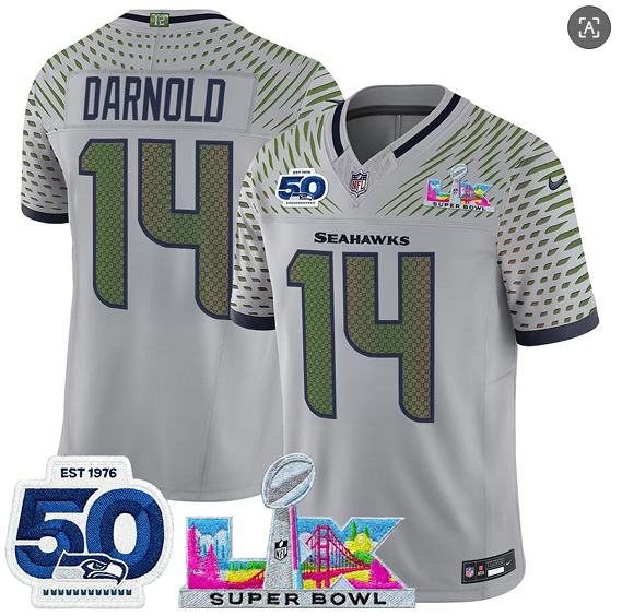 Men's Seattle Seahawks #14 Sam Darnold Gray 2025 F.U.S.E. Super Bowl LX Patch And 50th Season Patch “Rivalries” Vapor Limited Football Stitched Jersey