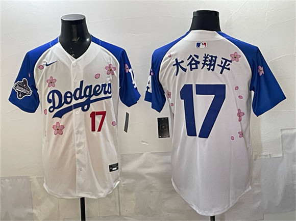 Men's Los Angeles Dodgers #17 大谷翔平 White Royal 2025 World Series Champions Patch Tokyo Series Limited Stitched Baseball Jersey