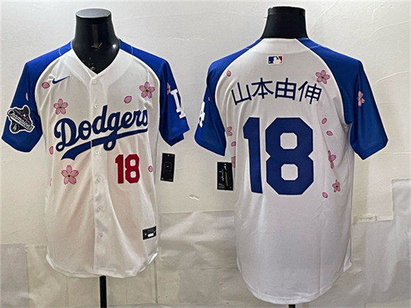 Men's Los Angeles Dodgers #18 山本由伸 White Royal 2025 World Series Champions Patch Tokyo Series Limited Stitched Baseball Jersey