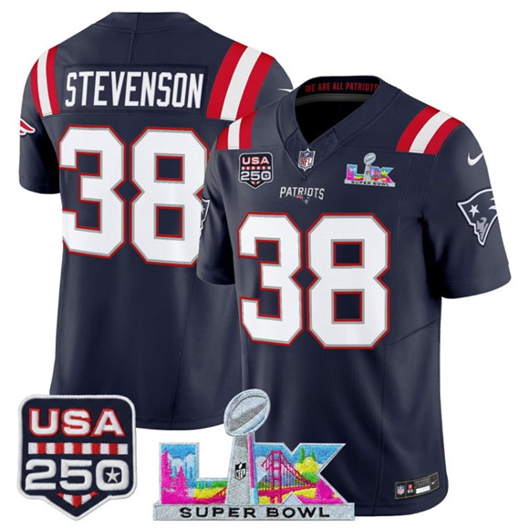 Men's New England Patriots #38 Rhamondre Stevenson Navy 2025 F.U.S.E. Super Bowl LX Patch And USA 250' Patch Vapor Limited Football Stitched Jersey