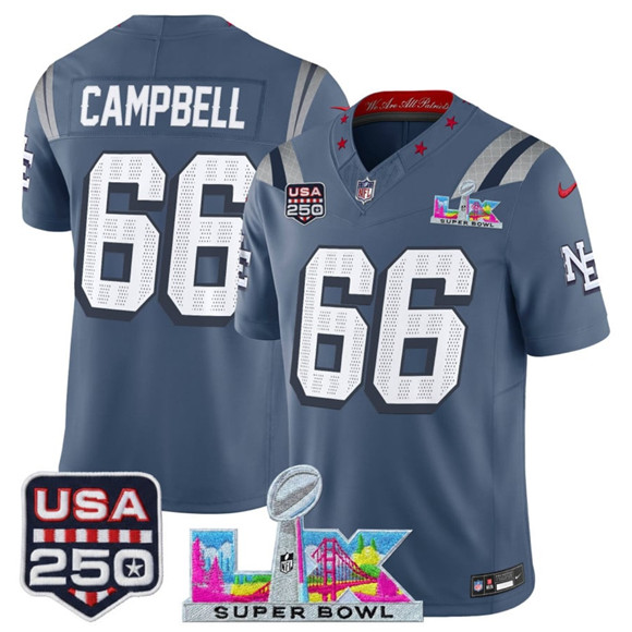 Men's New England Patriots #66 Will Campbell Storm Blue 2025 F.U.S.E. Super Bowl LX & USA 250' Patch “Rivalries” Vapor Limited Football Stitched Jersey