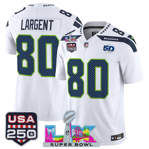 Men's Seattle Seahawks #80 Steve Largent White 2025 F.U.S.E. Super Bowl LX Patch And 50th Season & USA 250' Patch Vapor Limited Football Stitched Jersey