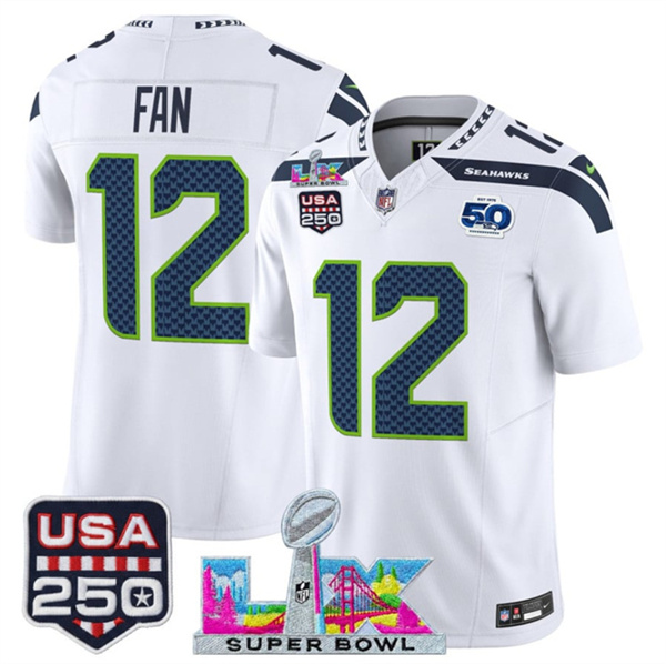 Men's Seattle Seahawks #12 Fan White 2025 F.U.S.E. Super Bowl LX Patch And 50th Season & USA 250' Patch Vapor Limited Football Stitched Jersey