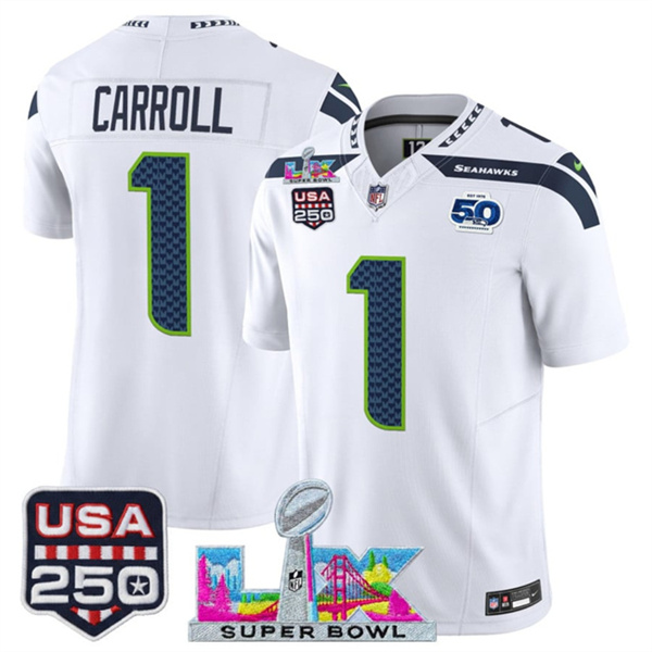 Men's Seattle Seahawks #1 Pete Carroll White 2025 F.U.S.E. Super Bowl LX Patch And 50th Season & USA 250' Patch Vapor Limited Football Stitched Jersey