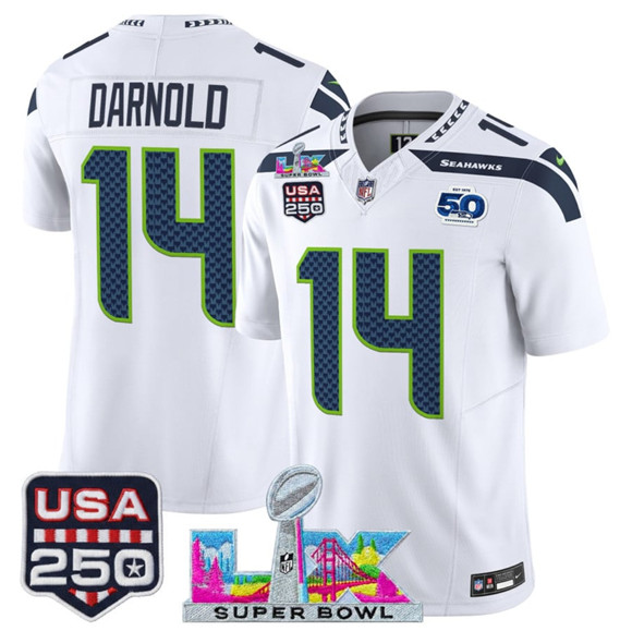 Men's Seattle Seahawks #14 Sam Darnold White 2025 F.U.S.E. Super Bowl LX Patch And 50th Season & USA 250' Patch Vapor Limited Football Stitched Jersey