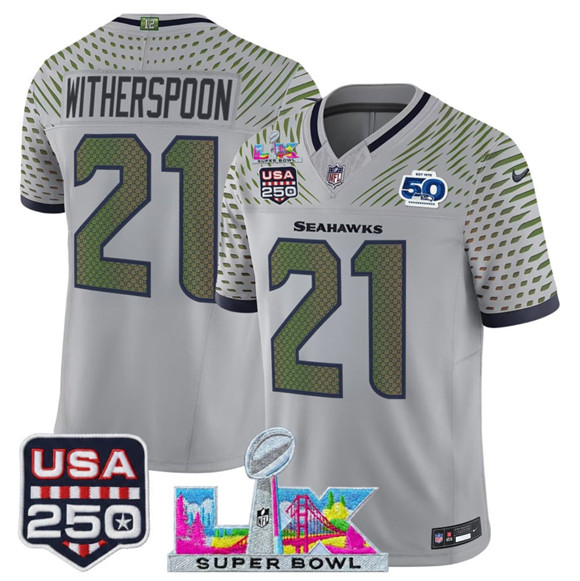 Men's Seattle Seahawks #21 Devon Witherspoon Gray 2025 F.U.S.E. Super Bowl LX & US 250th anniversary Patch And 50th Season Patch “Rivalries” Vapor Limited Football Stitched Jersey