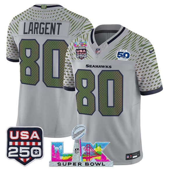 Men's Seattle Seahawks #80 Steve Largent Gray 2025 F.U.S.E. Super Bowl LX & US 250th anniversary Patch And 50th Season Patch “Rivalries” Vapor Limited Football Stitched Jersey
