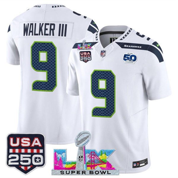 Men's Seattle Seahawks #9 Kenneth Walker III White 2025 F.U.S.E. Super Bowl LX Patch And 50th Season & USA 250' Patch Vapor Limited Football Stitched Jersey