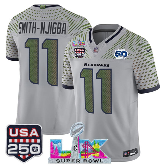 Men's Seattle Seahawks #11 Jaxon Smith-Njigba Gray 2025 F.U.S.E. Super Bowl LX & US 250th anniversary Patch And 50th Season Patch “Rivalries” Vapor Limited Football Stitched Jersey