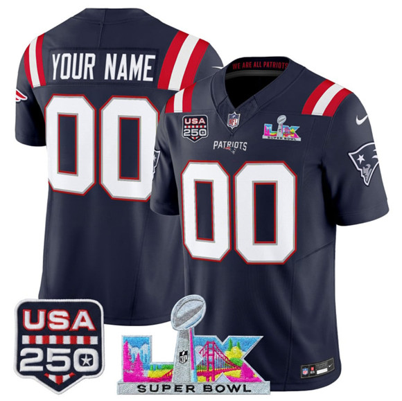 Men's New England Patriots Active Player Custom Navy 2025 F.U.S.E. Super Bowl LX & USA 250' Patch Vapor Limited Football Stitched Jersey
