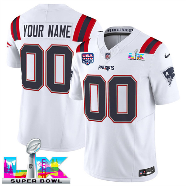 Men's New England Patriots Active Player Custom White 2025 F.U.S.E. Super Bowl LX & USA 250' Patch Vapor Limited Football Stitched Jersey