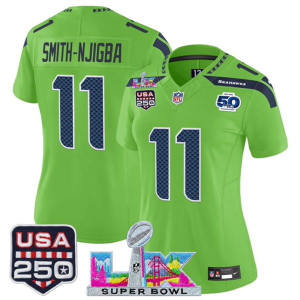 Women's Seattle Seahawks #11 Jaxon Smith-Njigba Green 2025 F.U.S.E. Super Bowl LX Patch And 50th Season & USA 250' Patch Vapor Limited Football Stitched Jersey(Run Small)