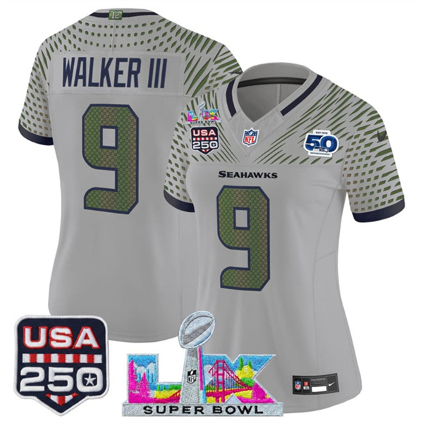 Women's Seattle Seahawks #9 Kenneth Walker III Gray 2025 F.U.S.E. Super Bowl LX & US 250th anniversary Patch And 50th Season Patch “Rivalries” Vapor Limited Football Stitched Jersey(Run Small)