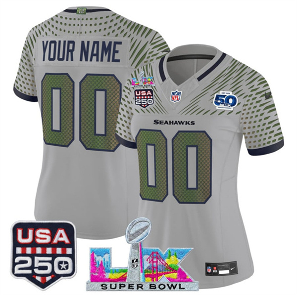 Women's Seattle Seahawks Active Player Custom Gray 2025 F.U.S.E. Super Bowl LX & US 250th anniversary Patch And 50th Season Patch “Rivalries” Vapor Limited Football Stitched Jersey(Run Small)