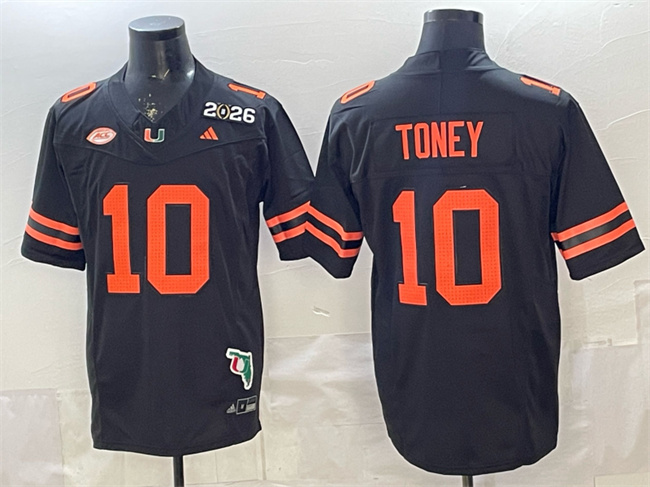 Men's Miami Hurricanes #10 Malachi Toney Black F.U.S.E. 2026 & Florida Patch Stitched Football Jersey