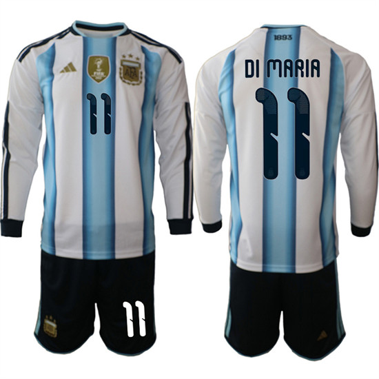 Men's Argentina #11 DI MARIA Long Sleeve National Team FIFA x World Cup 2026 Home White On Field Jersey