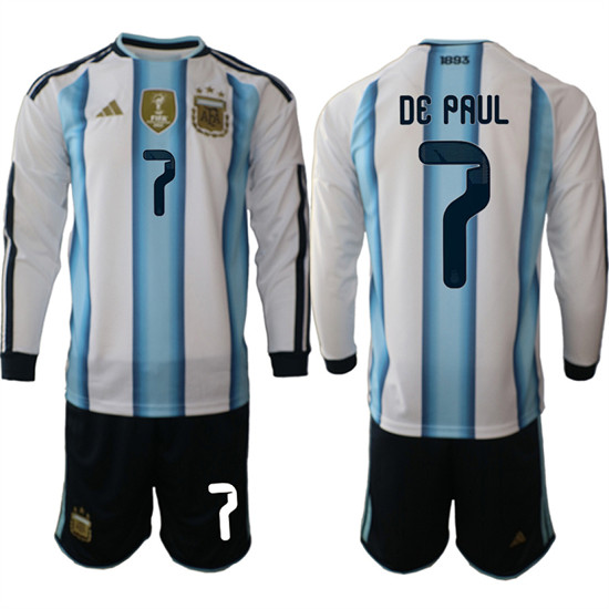 Men's Argentina #7 DE PAUL Long Sleeve National Team FIFA x World Cup 2026 Home White On Field Jersey