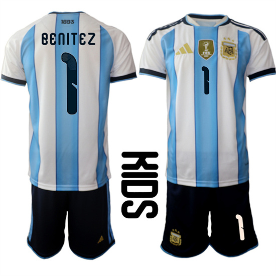 Youth Argentina #1 Benitez National Team FIFA x World Cup 2026 Home White On Field Kids Jersey