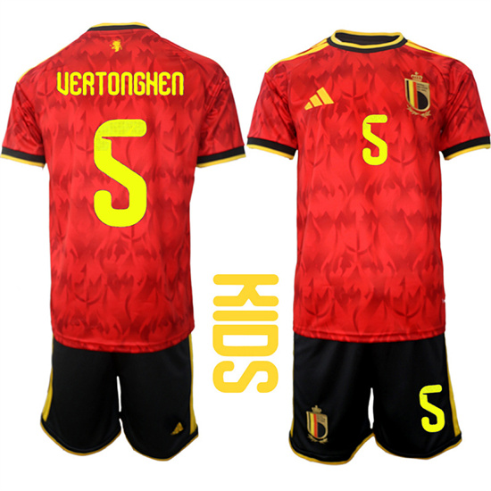 Youth Belgium #5 UEATONGHEN National Team FIFA x World Cup 2026 Home Red On Field Kids Jersey