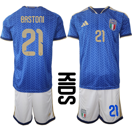 Youth Italy #21 BASTONI National Team FIFA x World Cup 2026 Home Blue On Field Kids Jerseys