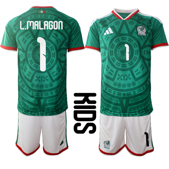 Youth Mexico #1 L.MALAGON National Team FIFA x World Cup 2026 Home Green On Field Kids Jersey