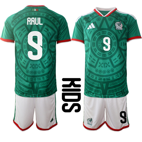 Youth Mexico #9 RAUL National Team FIFA x World Cup 2026 Home Green On Field Kids Jersey